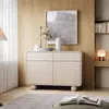 A modern living room with a wooden wall, a sideboard, and a rug. Produktbild-Vorschau