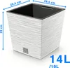 A white planter with a textured pattern and a black interior, shown with dimensions and capacity indicated by text overlays. Produktbild-Vorschau