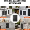 Collage of different outdoor and indoor kitchen scenes showcasing black cabinet doors. Podgląd zdjęcia produktu