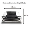 A black and white sofa with dimensions indicated by arrows and text. Produktbild-Vorschau