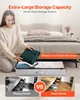 A woman is placing a green blanket into a storage bag under a bed. The image also shows a comparison between a messy room and a neat home. Náhľad obrázku produktu