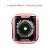 The back of a rose gold Apple Watch case is shown, with text indicating compatibility with wireless charging. Produktbild-Vorschau