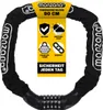 A black bicycle chain lock with a yellow tag showing product features. Produktbild-Vorschau
