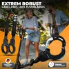 Two people on electric scooters with product locks displayed prominently. Produktbild-Vorschau
