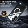 A phone case is shown on a dark, rocky surface, with text overlays highlighting its features. Produktbild-Vorschau