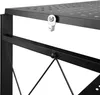 A close-up view of a black metal shelf unit, showing a hook mechanism. Voir les images du produit