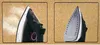 Two close-up views of a steam iron, one showing steam being emitted and the other showing the soleplate. Produktbild-Vorschau