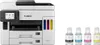 A white Canon MAXIFY GX 7050 multifunction printer is shown on the left, with four bottles of ink (black, blue, pink, and yellow) arranged to the right of the printer. Produktbild-Vorschau