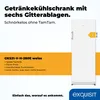 A white refrigerator with an energy efficiency label is shown next to marketing text and bullet points. Produktbild-Vorschau