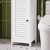 A white bathroom cabinet next to a toilet, with green tiled walls and a speckled floor. Produktbild-Vorschau