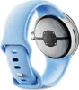 The back of a light blue Google Pixel Watch 2 with a silver casing. Produktbild-Vorschau