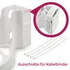 A white plastic cable organizer designed to hold cables, with a close-up inset showing cables secured by zip ties. Several zip ties are also shown separately. Produktbild-Vorschau
