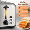 A close-up of a silver toaster with a dial and buttons, next to plates of toast. Text overlays describe its features. Produktbild-Vorschau