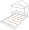 A white wooden house-shaped bed frame with a slatted base, shown from a diagonal angle against a white background. Produktbild-Vorschau