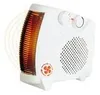 A white electric heater with a glowing heating element and a fan grille. Produktbild-Vorschau