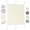 A beige pleated blind is shown, with close-up insets of its mounting hardware and fabric texture. Several circular swatches of different blind colors are displayed to the right. Produktbild-Vorschau