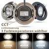 Three LED downlights are shown from the back, with a label on one. Below, three examples of the light output are displayed with color temperature labels. Produktbild-Vorschau