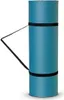 A rolled-up blue yoga mat with black straps and a carrying strap. Produktbild-Vorschau