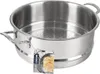 A stainless steel steamer pot with a small tag showing food. Voir les images du produit