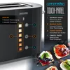 A close-up of a black toaster with a touch panel and a diagram explaining its functions, with toast and toppings in the foreground. Náhľad obrázku produktu