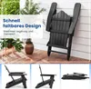 A black Adirondack chair is shown folded and leaning against a white wall on a wooden deck, with plants in pots nearby. The image is divided into sections, with text highlighting the chair's features. Anteprima dell’immagine prodotto