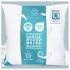 A white pillow with a teal label and feathers. Produktbild-Vorschau