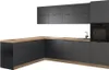 A modern kitchen corner unit with dark grey cabinets and a light wood countertop. Produktbild-Vorschau
