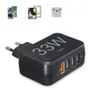 A black Hama 33W USB charging station with multiple ports is shown from a diagonal front-side angle. Small inset images of phones, tablets, and earbuds are visible at the top. Anteprima dell’immagine prodotto