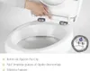 A hand is shown pressing a button on a toilet seat hinge, demonstrating a feature of the toilet seat. A circular graphic with text and an illustration is also present. Produktbild-Vorschau