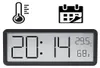 A digital clock displaying time, temperature, and humidity, with icons for thermometer and calendar above. Produktbild-Vorschau