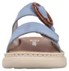 Auf dem Bild ist ein blauer flacher Schuh zu sehen der von der oberen Seite betrachtet wird. Der Schuh hat eine einfache und elegantere Form mit einer glatten Oberfläche. Produktbild-Vorschau