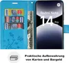 A blue flip case wallet for a smartphone, showing credit cards and cash inserted, with the phone screen displaying product information. Produktbild-Vorschau