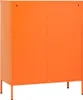 A studio shot of an orange cabinet with two doors and four legs. Podgląd zdjęcia produktu