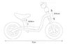 A line drawing of a balance bike with dimensions indicated. Produktbild-Vorschau
