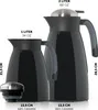 Two black thermoses of different sizes are shown side-by-side with measurement and capacity labels. Produktbild-Vorschau
