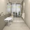 A modern, clean bathroom with a shower stall, toilet, and a wall-mounted shower stool. Voir les images du produit