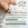 A hand is shown squeezing a fluffy white material, with marketing text and a certification logo overlaid. Produktbild-Vorschau