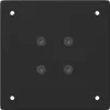 A top-down view of four black metal table legs on a black background. Voir les images du produit
