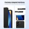 Collage showing a black phone case with close-ups of its features and the phone it protects. Produktbild-Vorschau