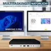 Two computer monitors and a mini PC are displayed on a wooden desk, suggesting a multitasking setup. Produktbild-Vorschau