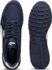 A top-down view of a pair of blue Puma sneakers, showing the left shoe and the sole of the right shoe. Produktbild-Vorschau