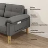 A close-up view of a dark gray sofa, highlighting its features with text labels. Produktbild-Vorschau