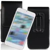 A black leather phone holster with a belt clip is shown next to a white smartphone. Produktbild-Vorschau