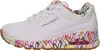 A side view of a single white sneaker with colorful heart graphics on the sole and interior. Náhled obrázku produktu