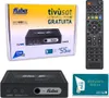 A collage of a satellite receiver, its remote control, a smart card, and its packaging. Produktbild-Vorschau