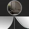 A collage of images showing a round LED mirror above a bathroom sink and close-ups of the mirror's edge and illuminated button. Produktbild-Vorschau