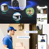 A collage showing a security camera and its features, including different monitoring locations and a two-way communication scenario. Produktbild-Vorschau