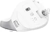 The underside of a white and gray ergonomic vertical mouse, showing its features and a USB receiver plugged into its storage slot. Produktbild-Vorschau