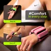 Collage showing how to put on and take off wrist weights, with a marketing slogan. Podgląd zdjęcia produktu