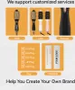 A collage of images showcasing customization options for a hair dryer/volumizer, including logo placement, color options, and packaging. Produktbild-Vorschau